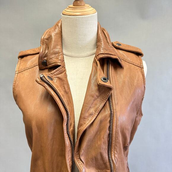 Muubaa Lynn Tan Brown Sleeveless Leather Biker moto jacket vest US Size 6 UK 10 - Picture 12 of 15